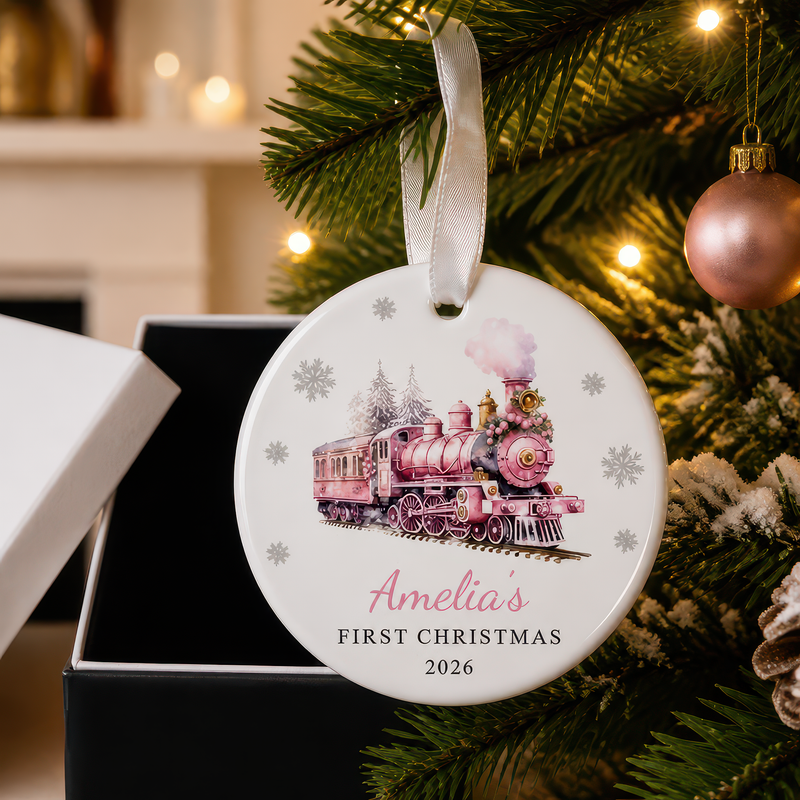 Personalised Pink Train First Christmas Bauble with Box