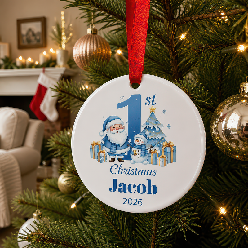 Personalised Santa and Tree Scene First Christmas Bauble with Box