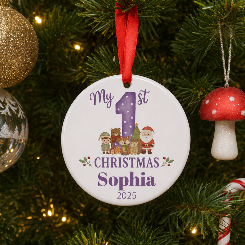 Personalised Purple Woodland Animal First Christmas Bauble