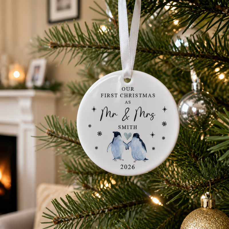 Personalised First Christmas Mr and Mrs Penguin Ornament