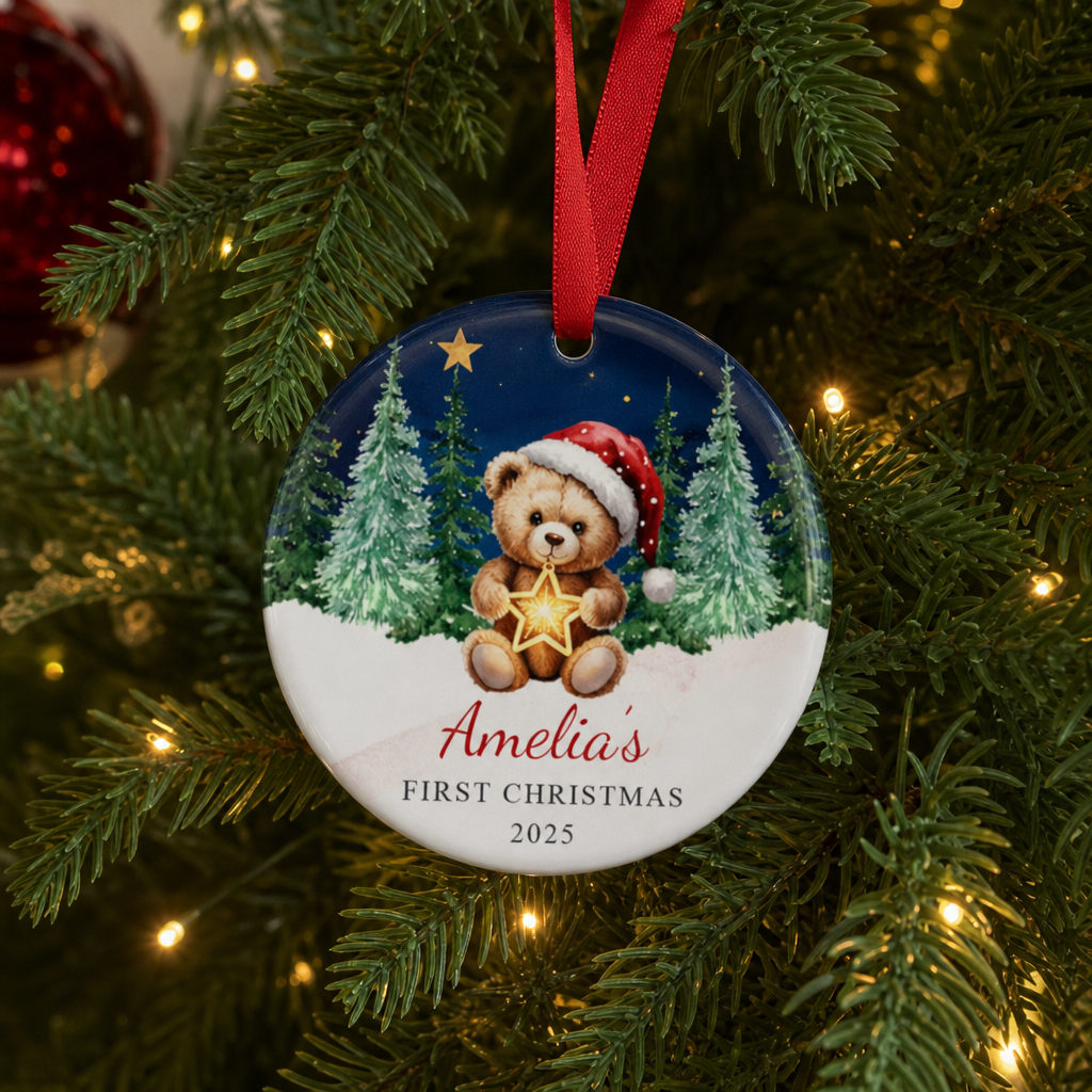 Personalised Starry Night Bear First Christmas Bauble with Box