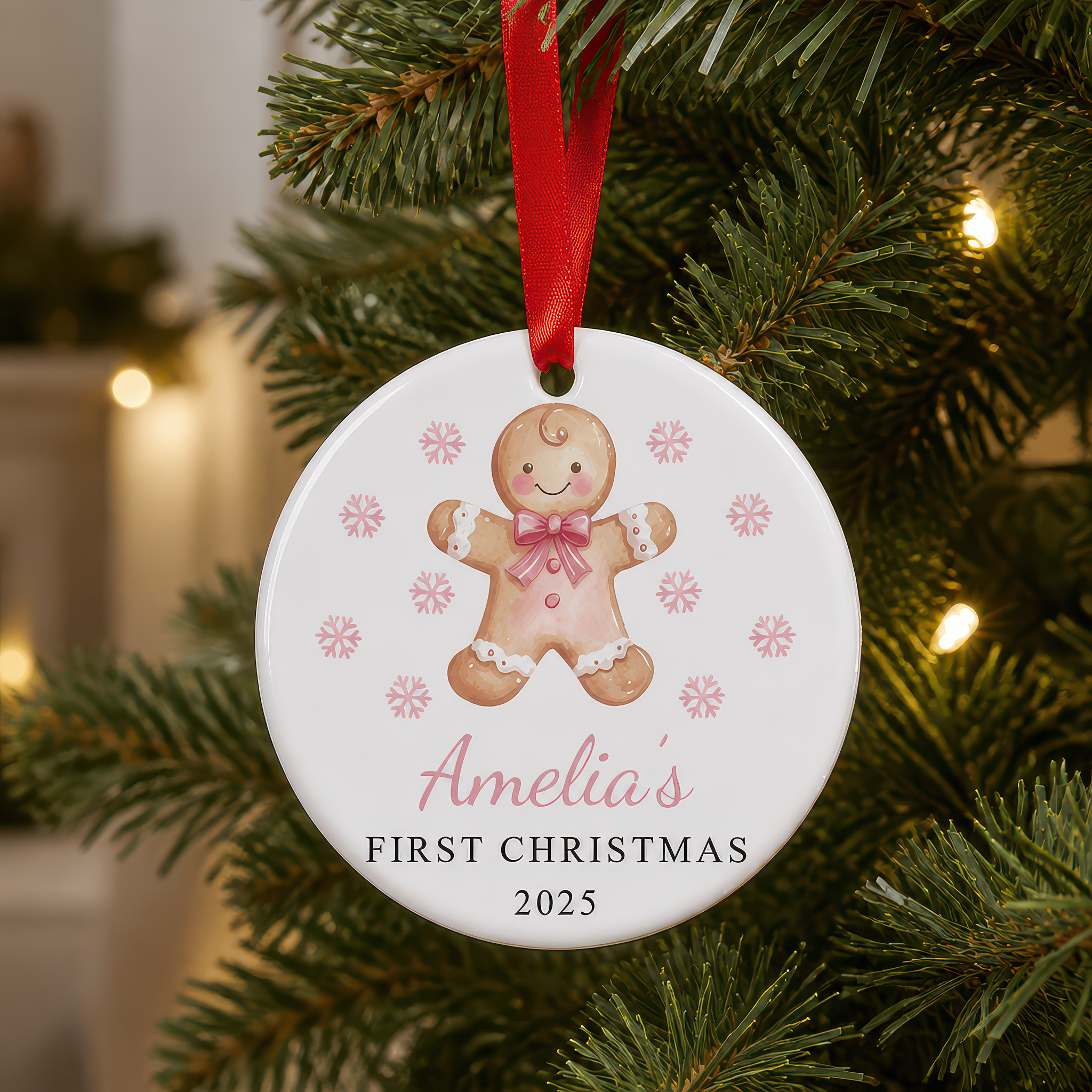 Personalised Pink Gingerbread First Christmas Bauble with Box