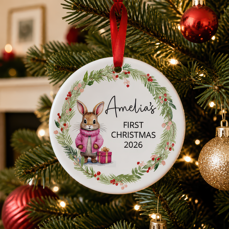 Personalised Baby's First Christmas Pink Bunny Ornament