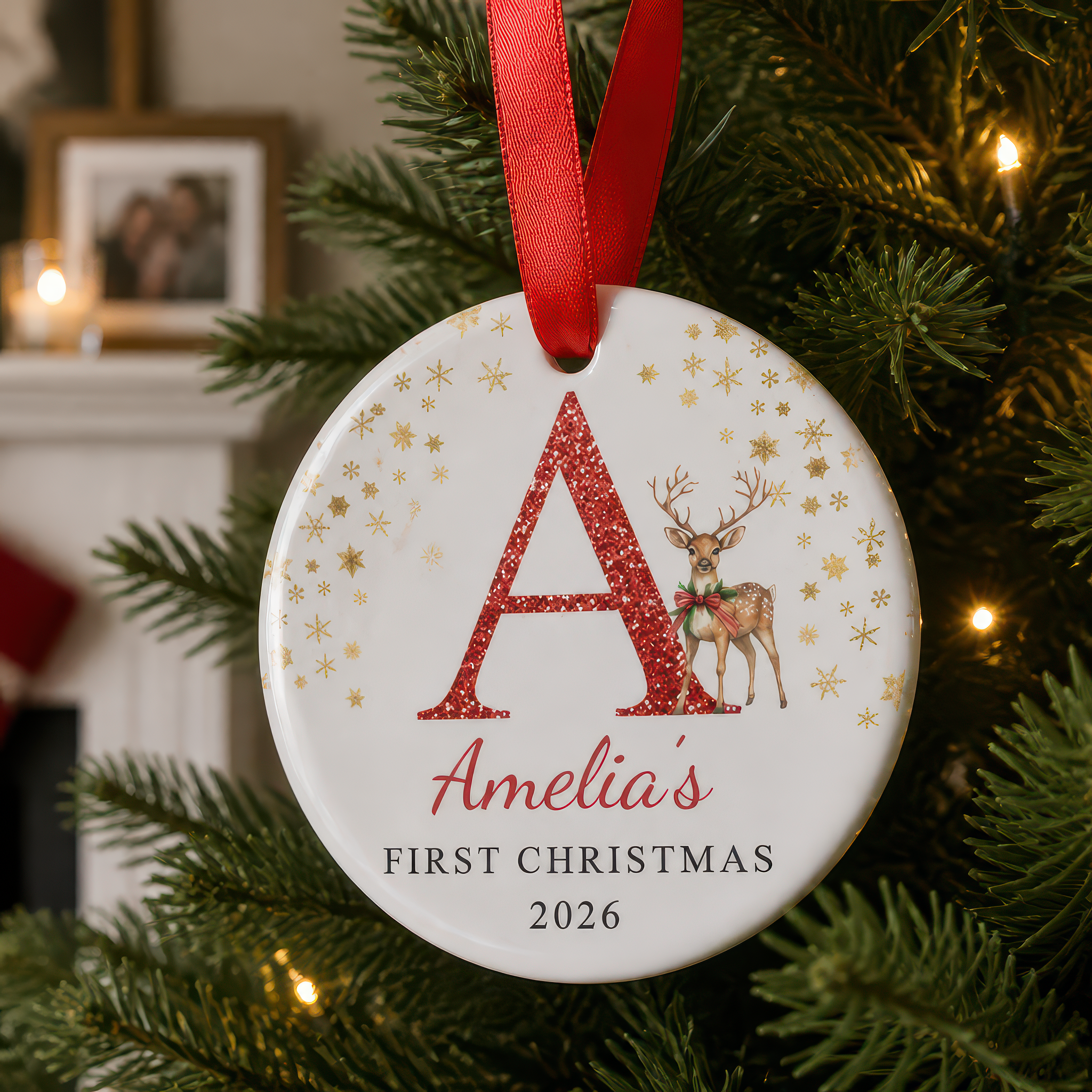 Personalised Reindeer Initial First Christmas Bauble
