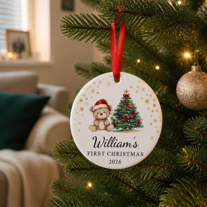 Personalised Baby's First Christmas Red Teddy Bear Ornament