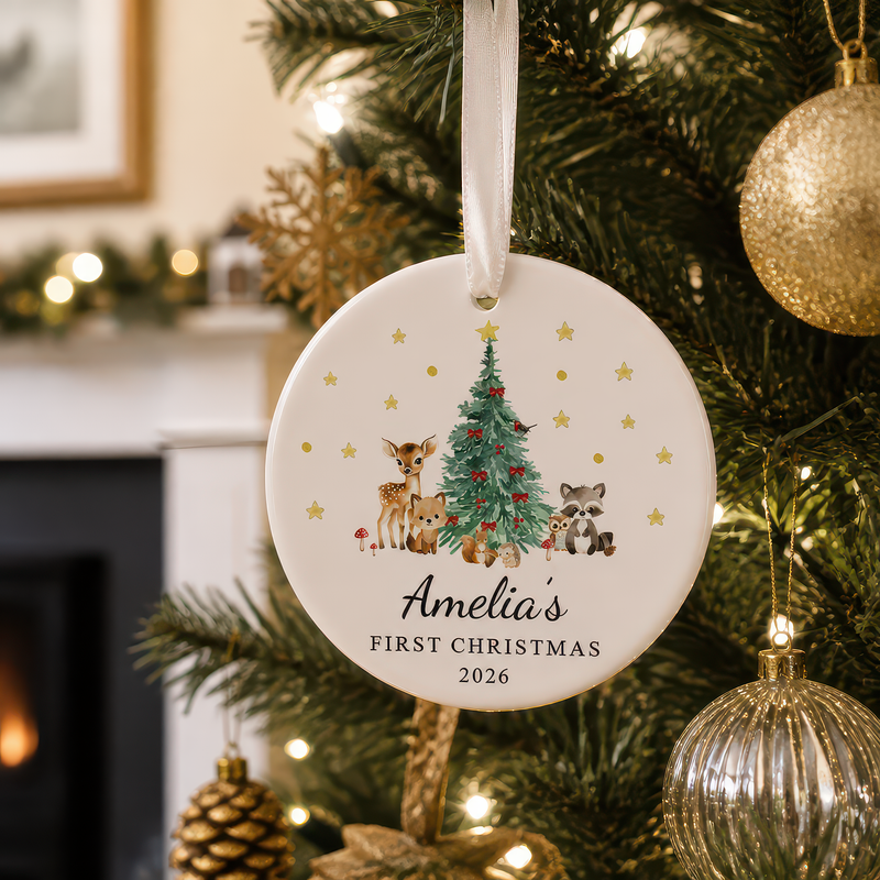 Personalised Baby's First Christmas Woodland Animals Ornament