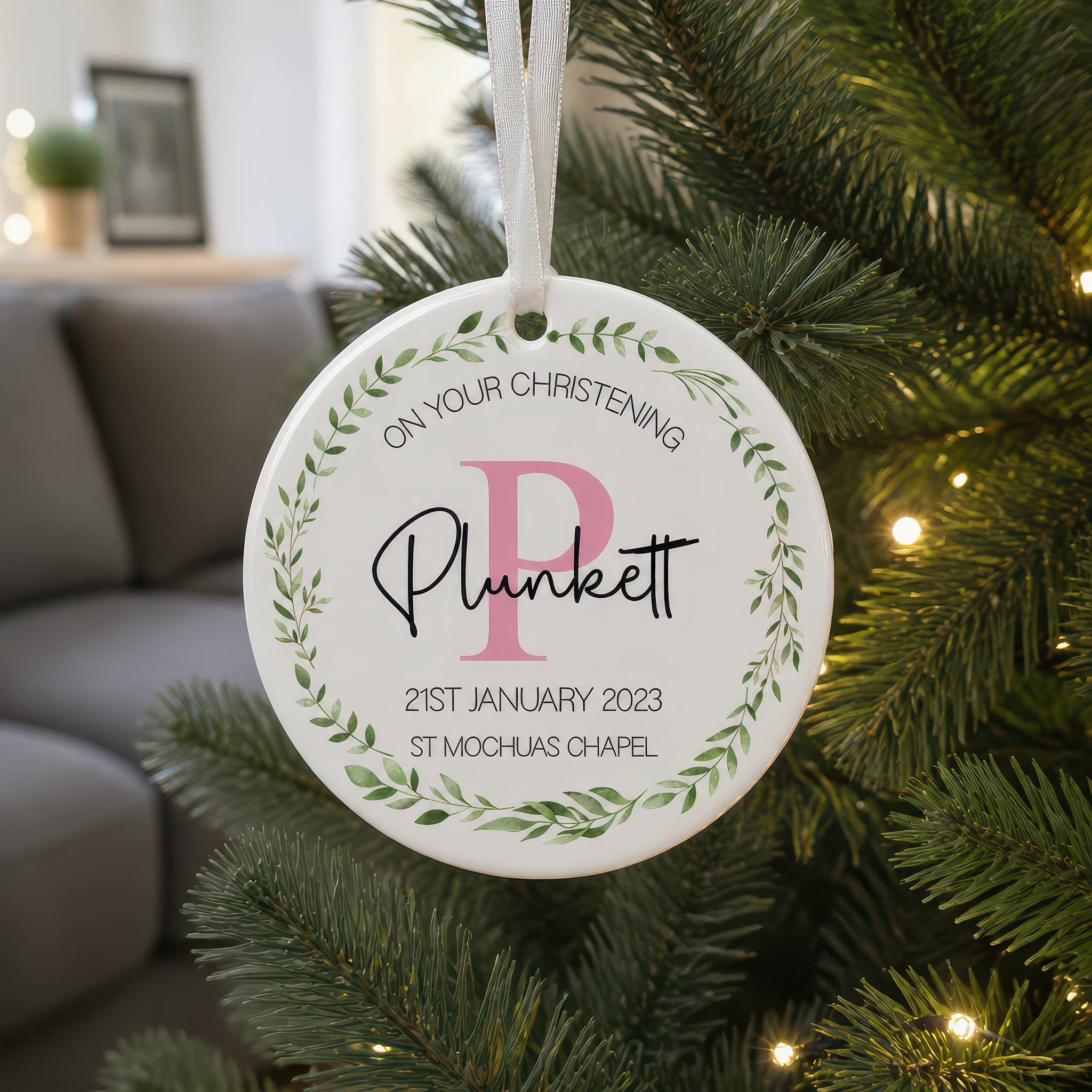 Personalised Pink Initial Christening Ornament