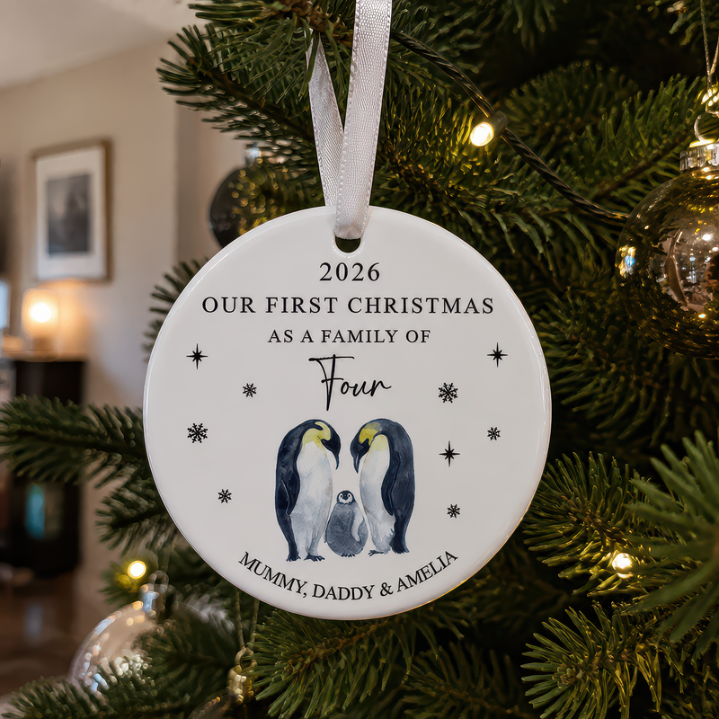 Personalised First Christmas as a Family of Four Penguin Ornament