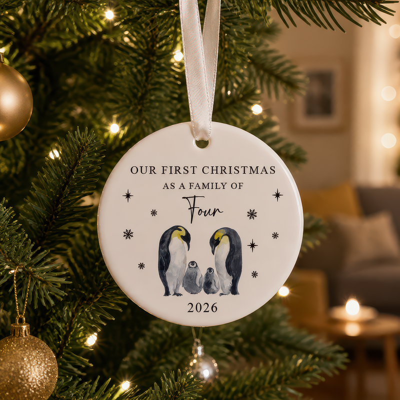 Our First Christmas as a Family of Four Penguin Ornament