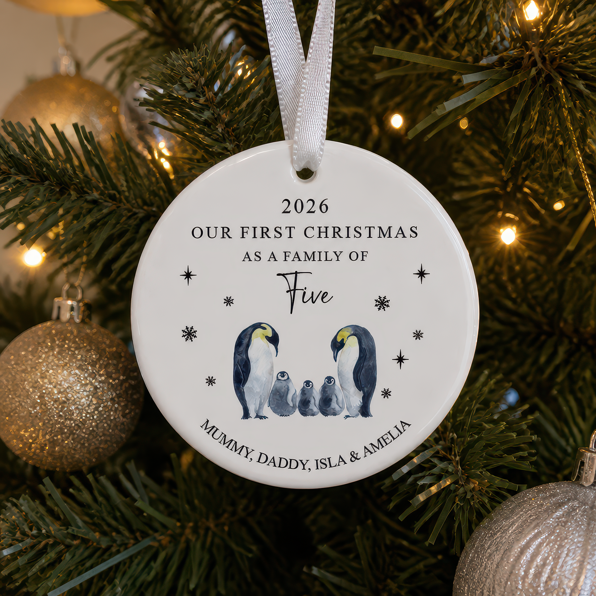 Personalised Our First Christmas as a Family of Five Penguin Ornament