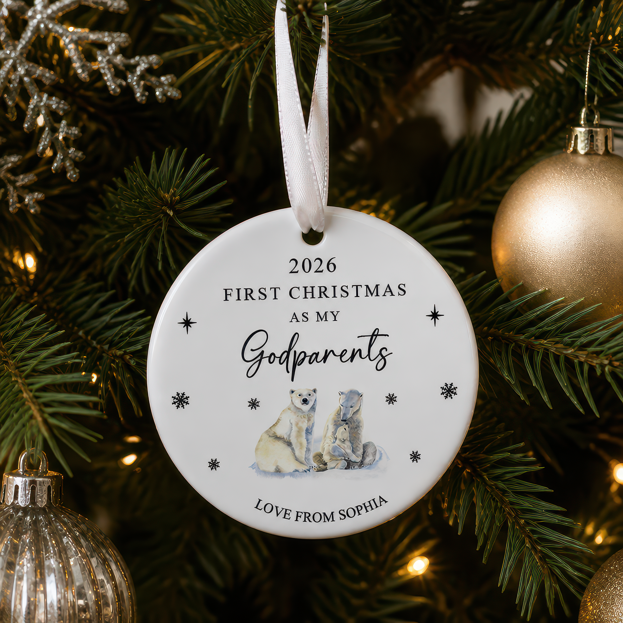 Personalised First Christmas Godparents Polar Bear Ornament
