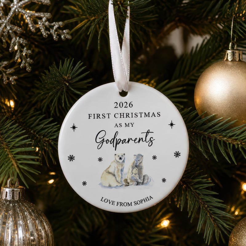 Personalised First Christmas Godparents Polar Bear Ornament