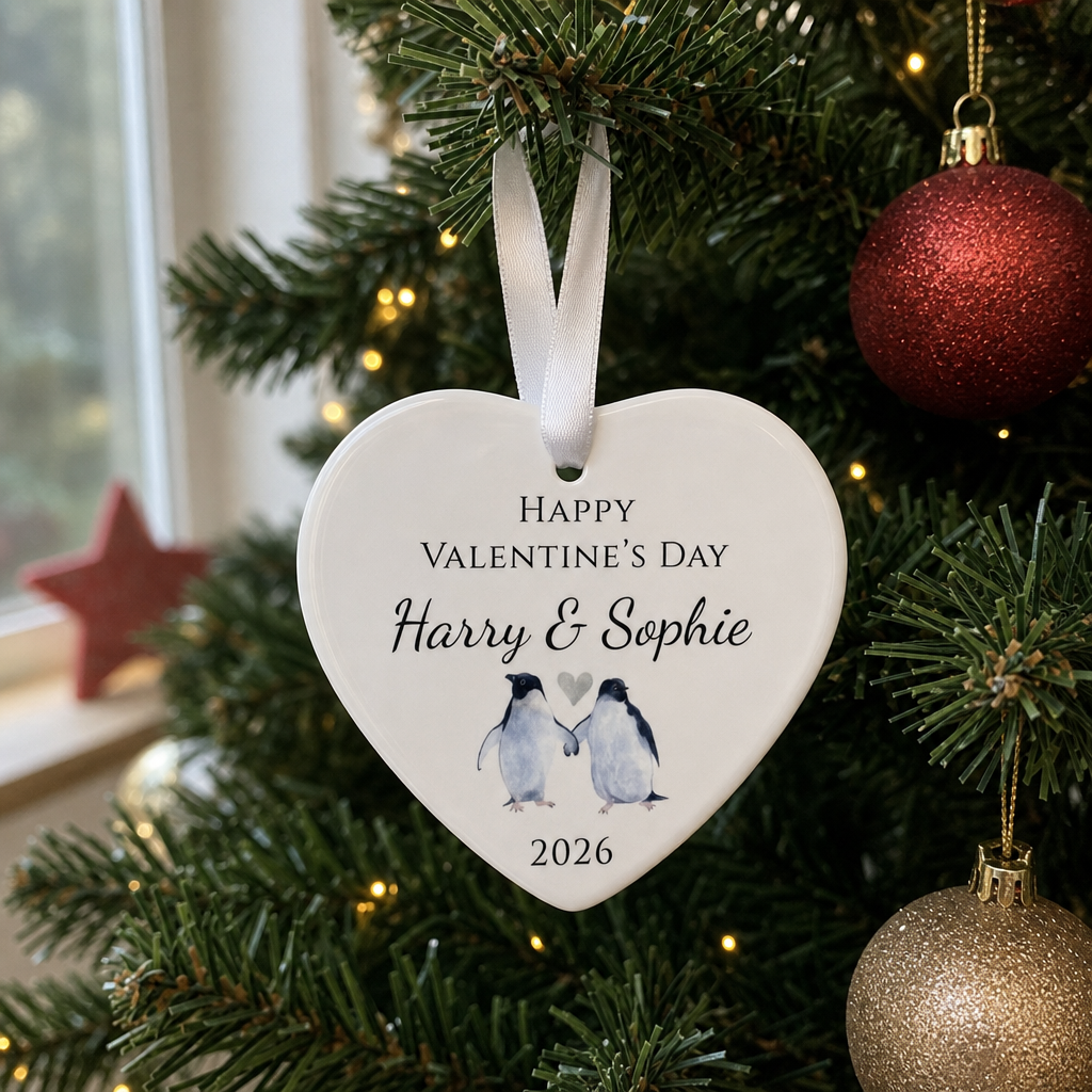 Personalised Happy Valentine's Day Penguin Couple Ornament with Names and Year