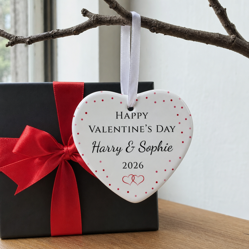 Personalised Happy Valentine's Day Polka Dot Hearts Ornament with Names and Year