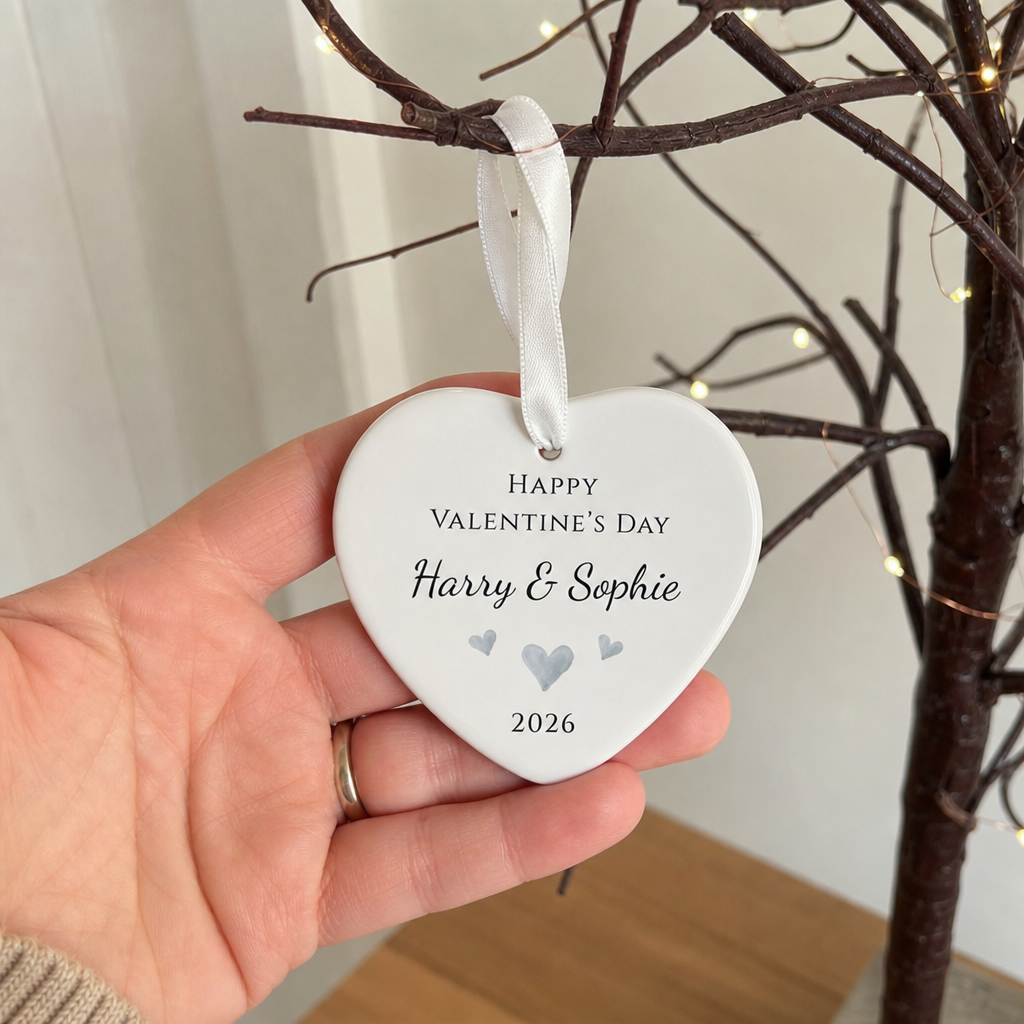 Personalised Happy Valentine's Day Silver Hearts Ornament with Names and Year