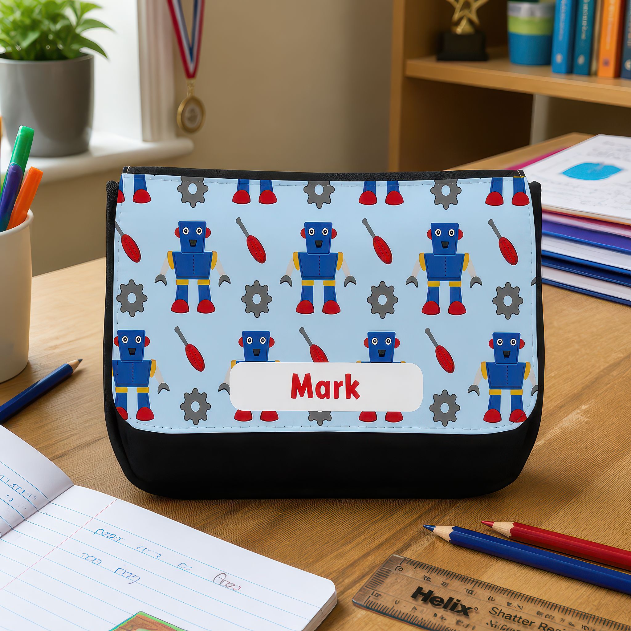 Personalised Blue Robot Pencil Case with Name