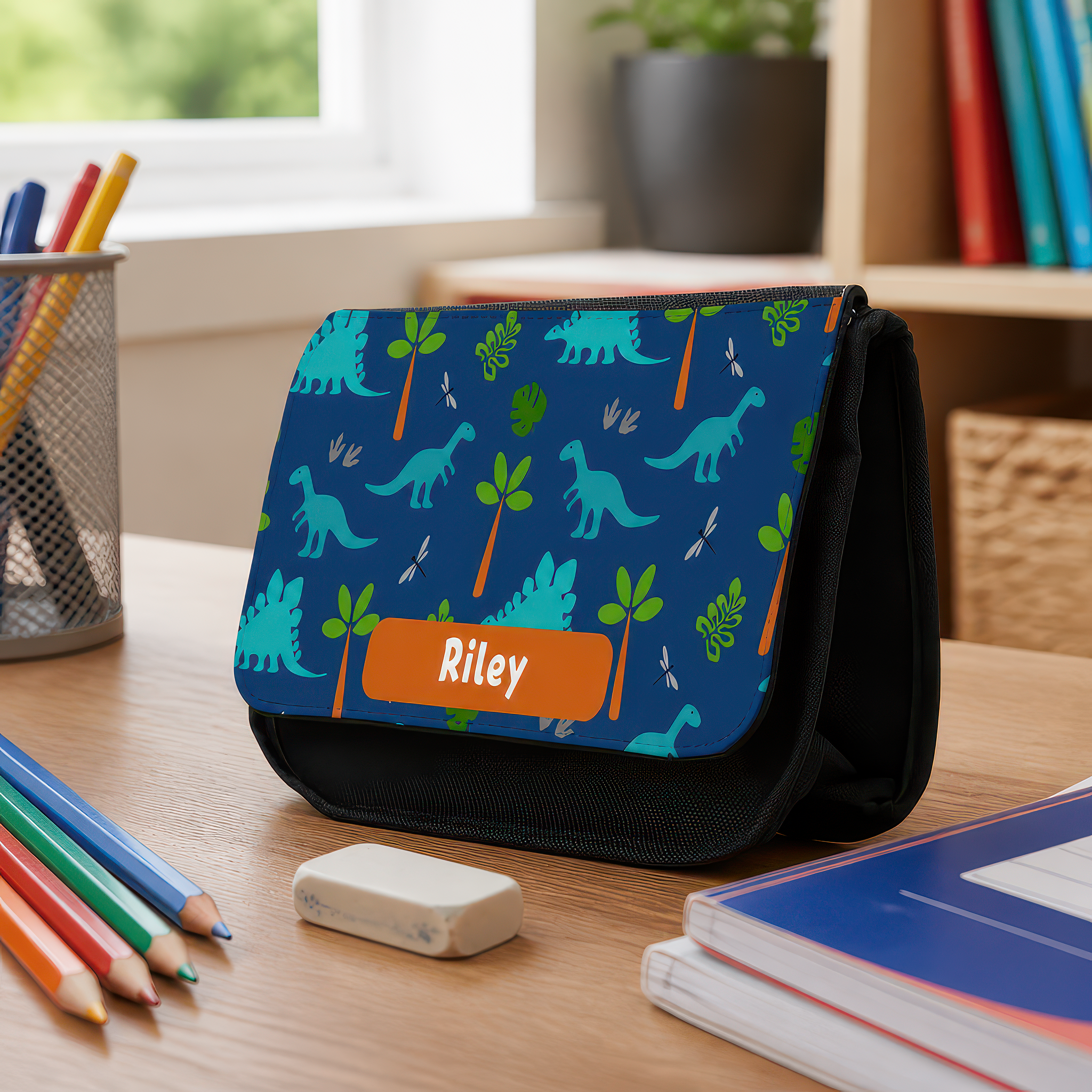 Personalised Blue Dinosaur Pencil Case with Name