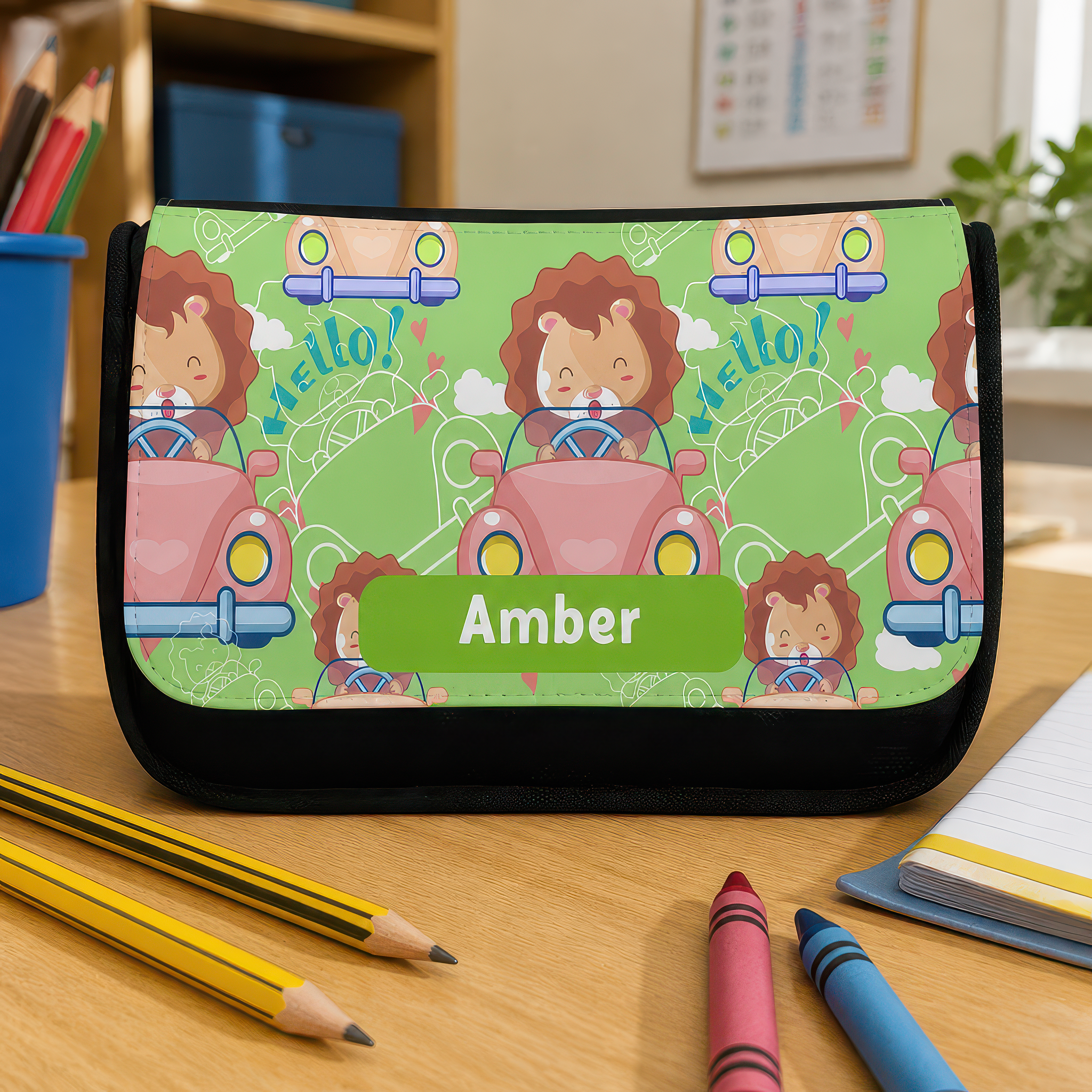 Personalised Lion Car Pencil Case with Name