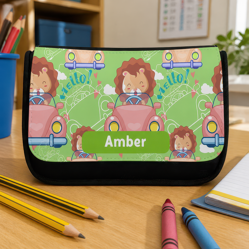 Personalised Lion Car Pencil Case with Name
