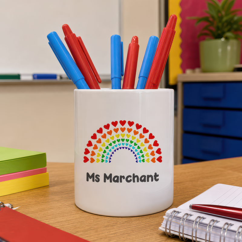 Personalised Hearts Rainbow Teacher Pen Pot with Name - alternative view