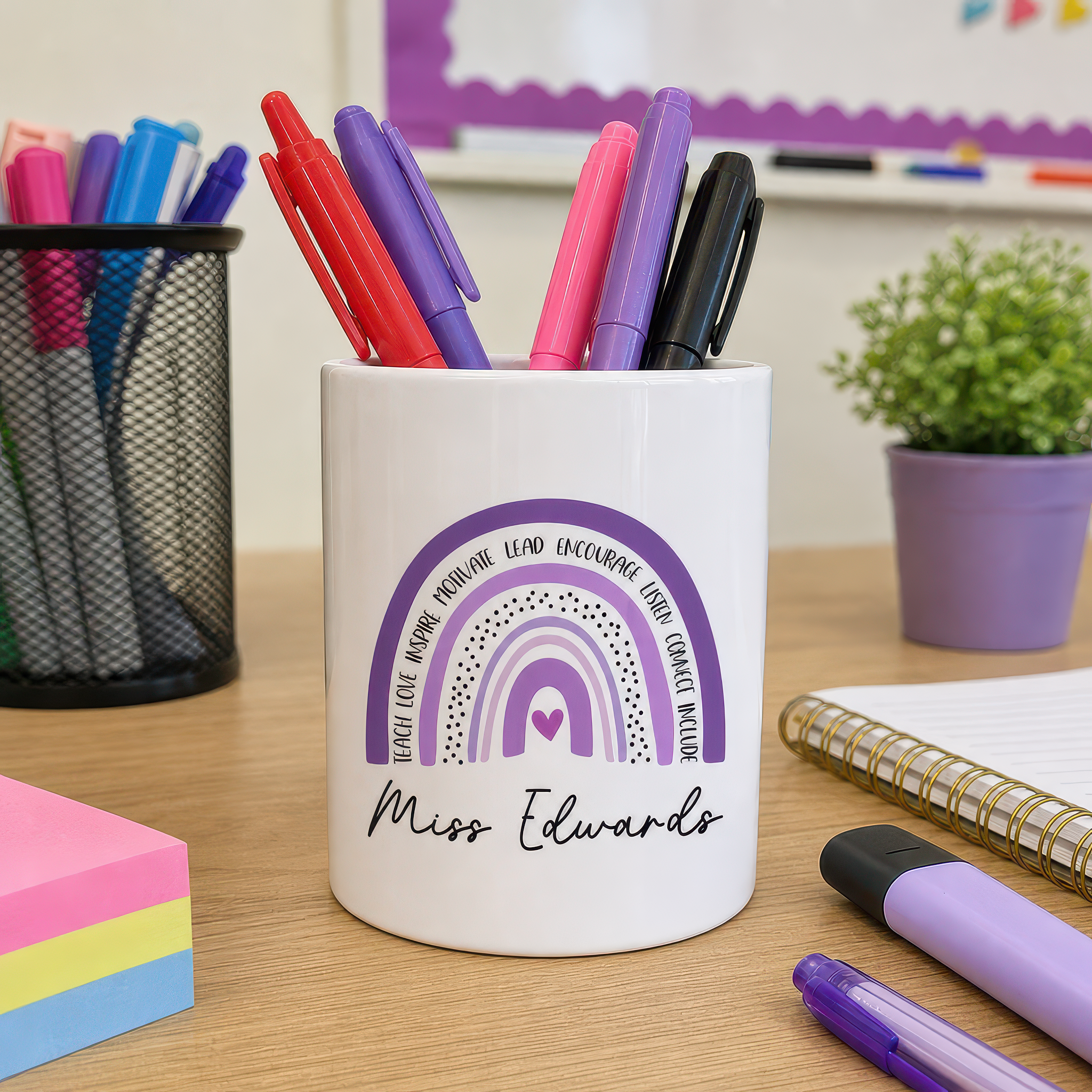Personalised Purple Rainbow Teacher Pen Pot with Name - alternative view