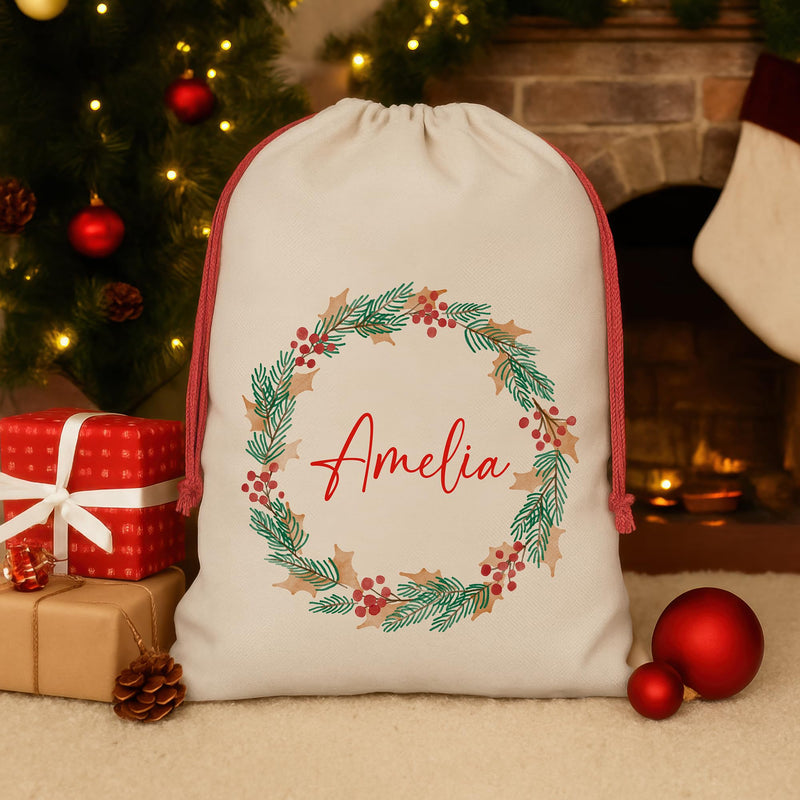 Personalised Natural Wreath Santa Sack with Name