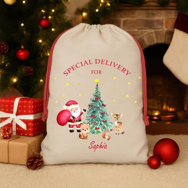 Personalised Cream Woodland Santa Santa Sack with Name