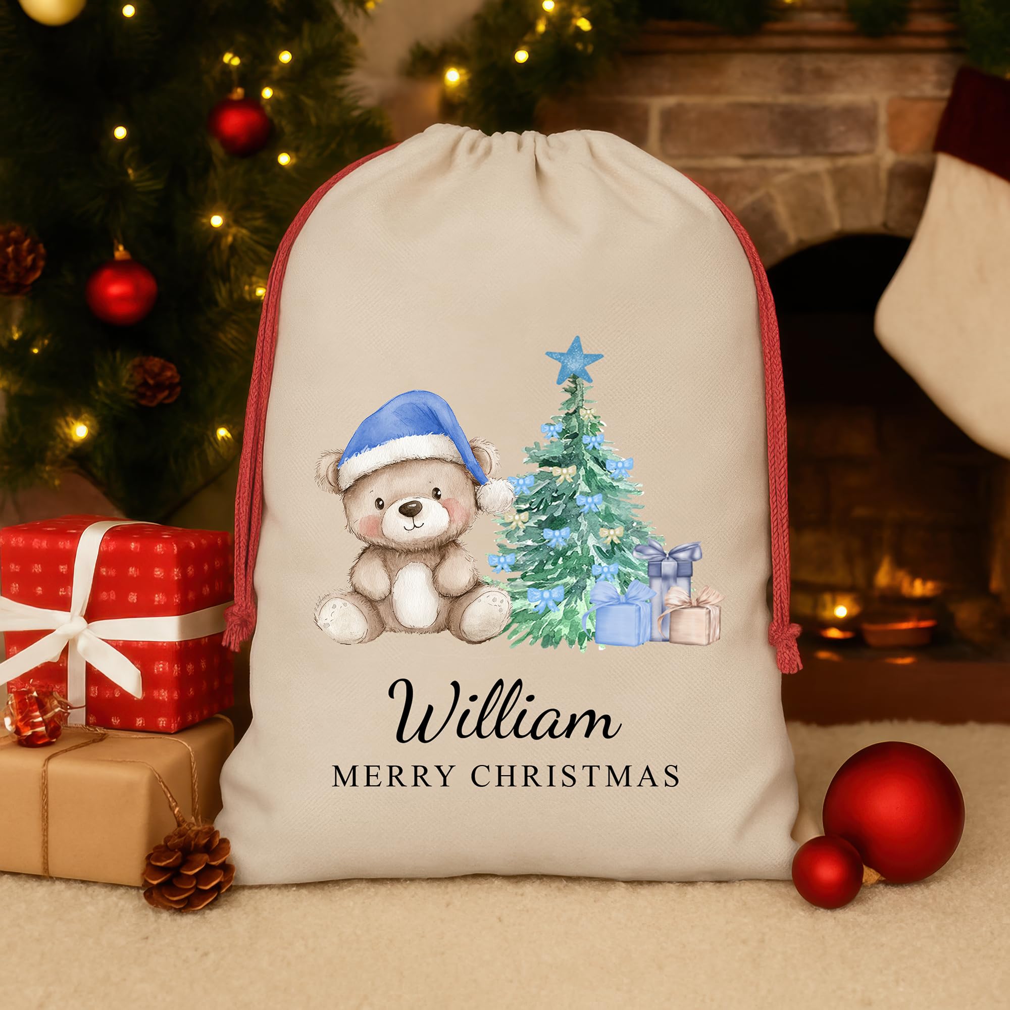 Personalised Natural Blue Teddy Santa Sack with Name