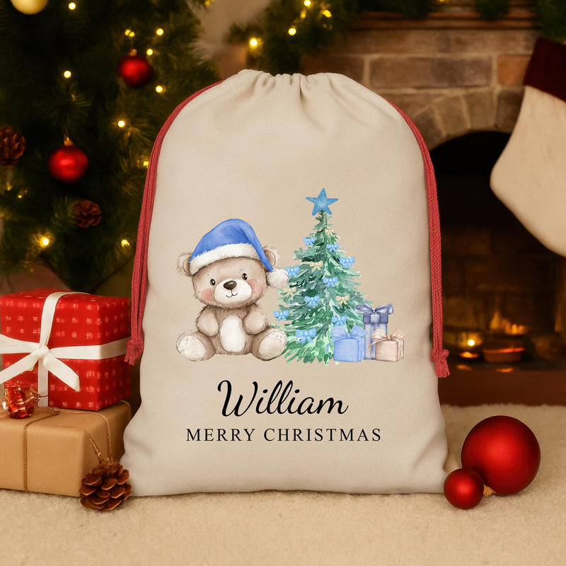 Personalised Natural Blue Teddy Santa Sack with Name