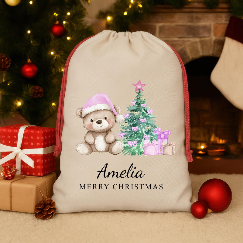 Personalised Natural Pink Teddy Santa Sack with Name