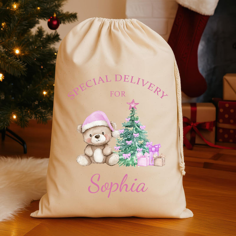 Personalised Pink Teddy Santa Sack for Girls with Name