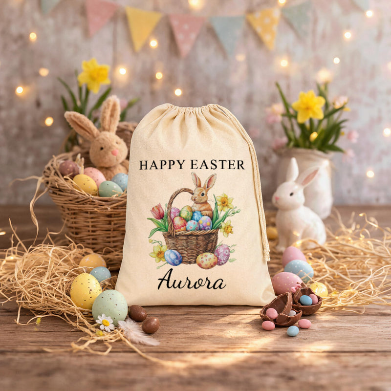 Personalised Bunny & Basket Easter Sack with Name - Black