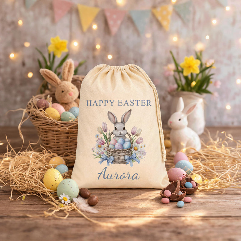 Personalised Bunny & Basket Easter Sack with Name - Blue