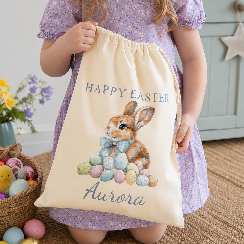 Personalised Bunny with Blue Bow Easter Sack with Name - alternative view