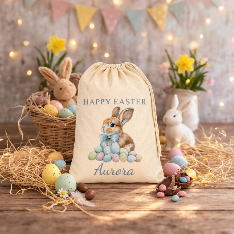 Personalised Bunny with Blue Bow Easter Sack with Name