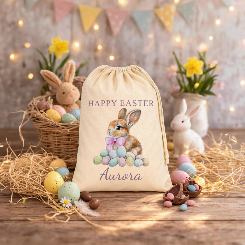 Personalised Bunny with Pink Bow Easter Sack with Name