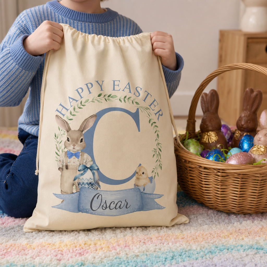 Personalised Bunny & Chick Blue Text Easter Gift Bag with Name and Initial