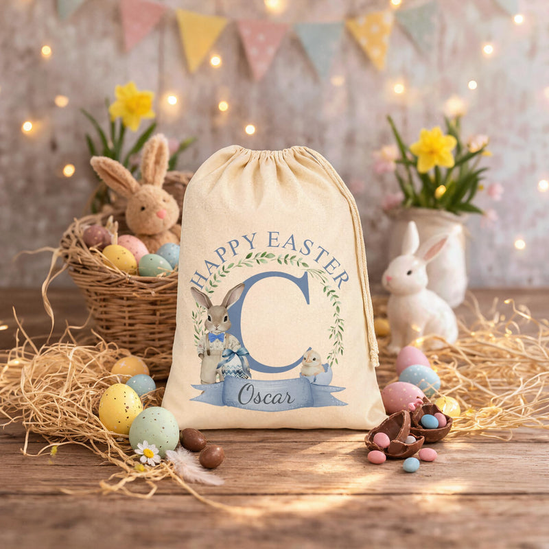 Personalised Bunny & Chick Blue Text Easter Gift Bag with Name and Initial