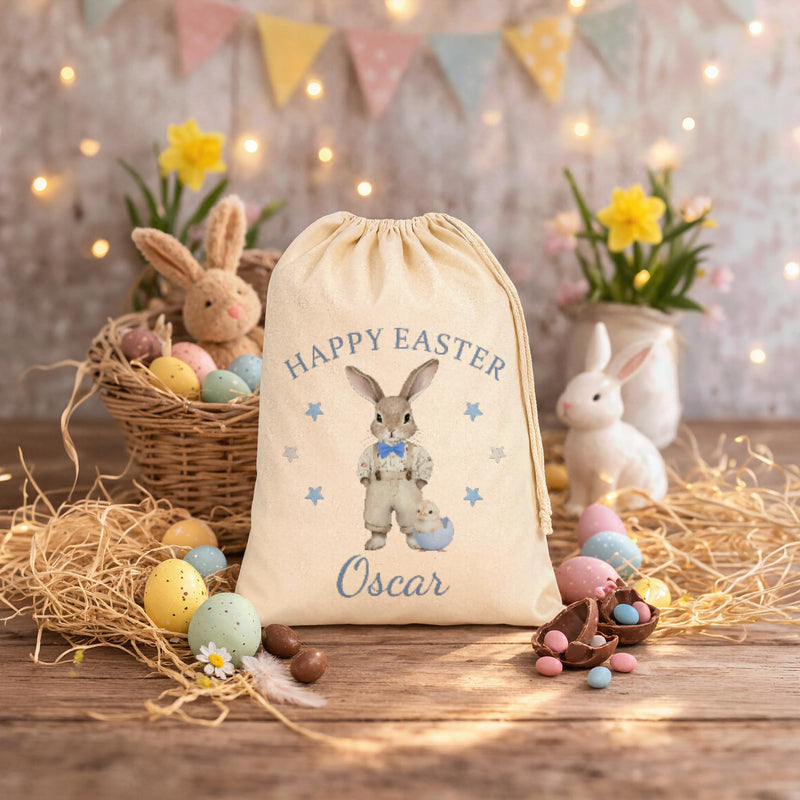Personalised Blue Bunny with Stars Easter Sack with Name