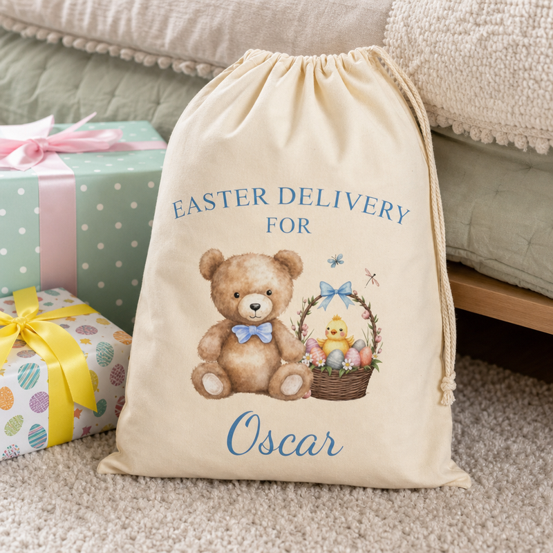 Personalised Teddy Bear & Basket Blue Text Easter Gift Bag with Name