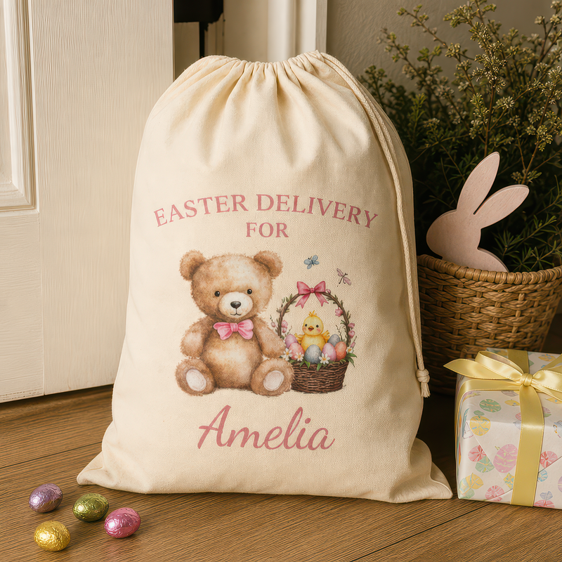 Personalised Easter Delivery Teddy Bear & Basket Easter Sack with Name - alternative view