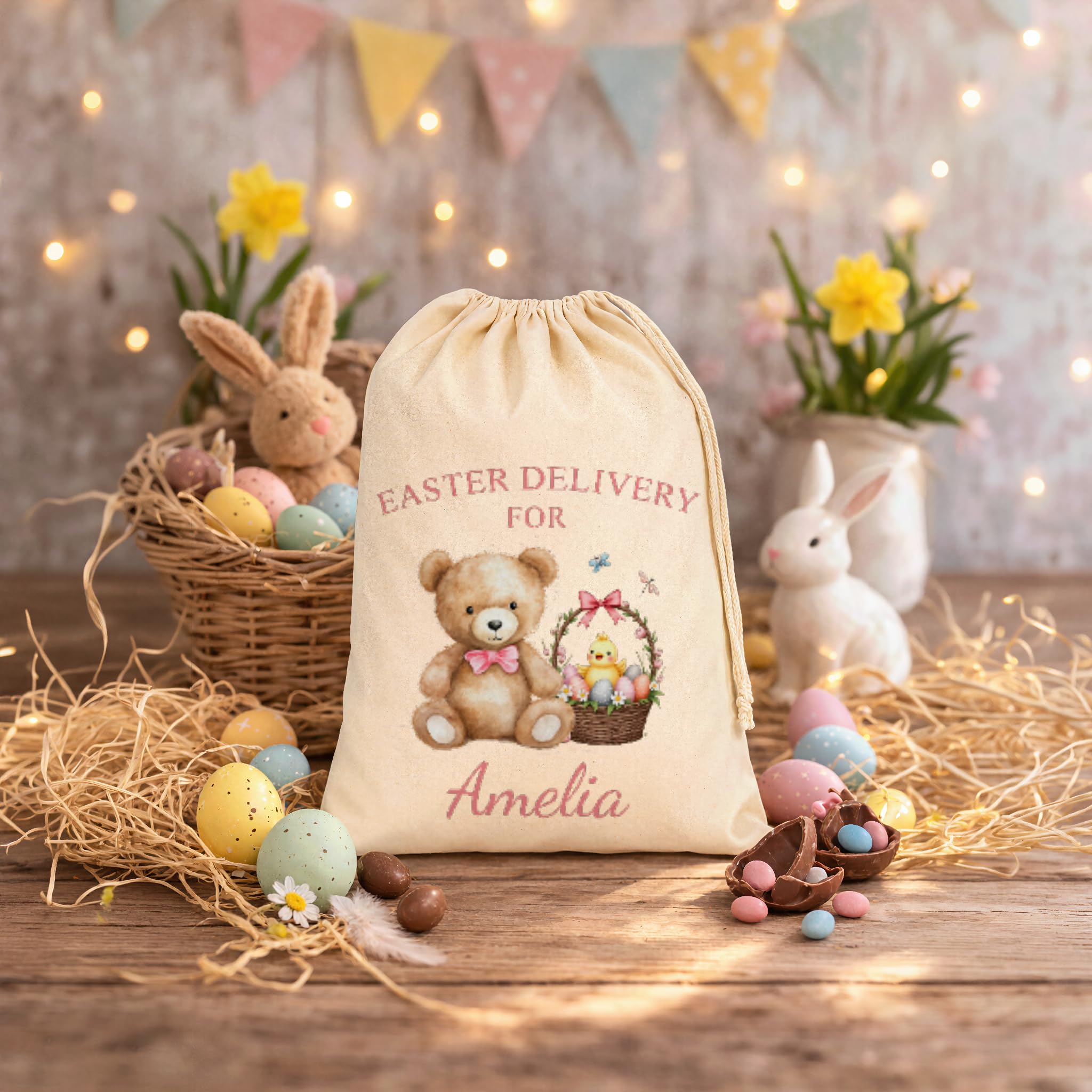 Personalised Easter Delivery Teddy Bear & Basket Easter Sack with Name