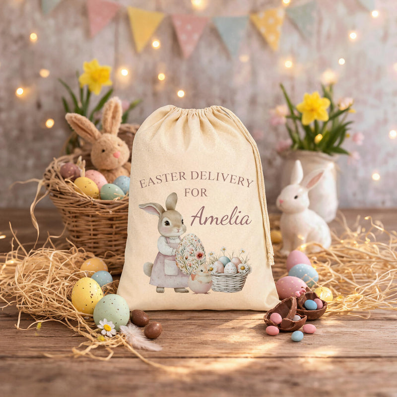 Personalised Pink Bunny Basket Easter Sack with Name