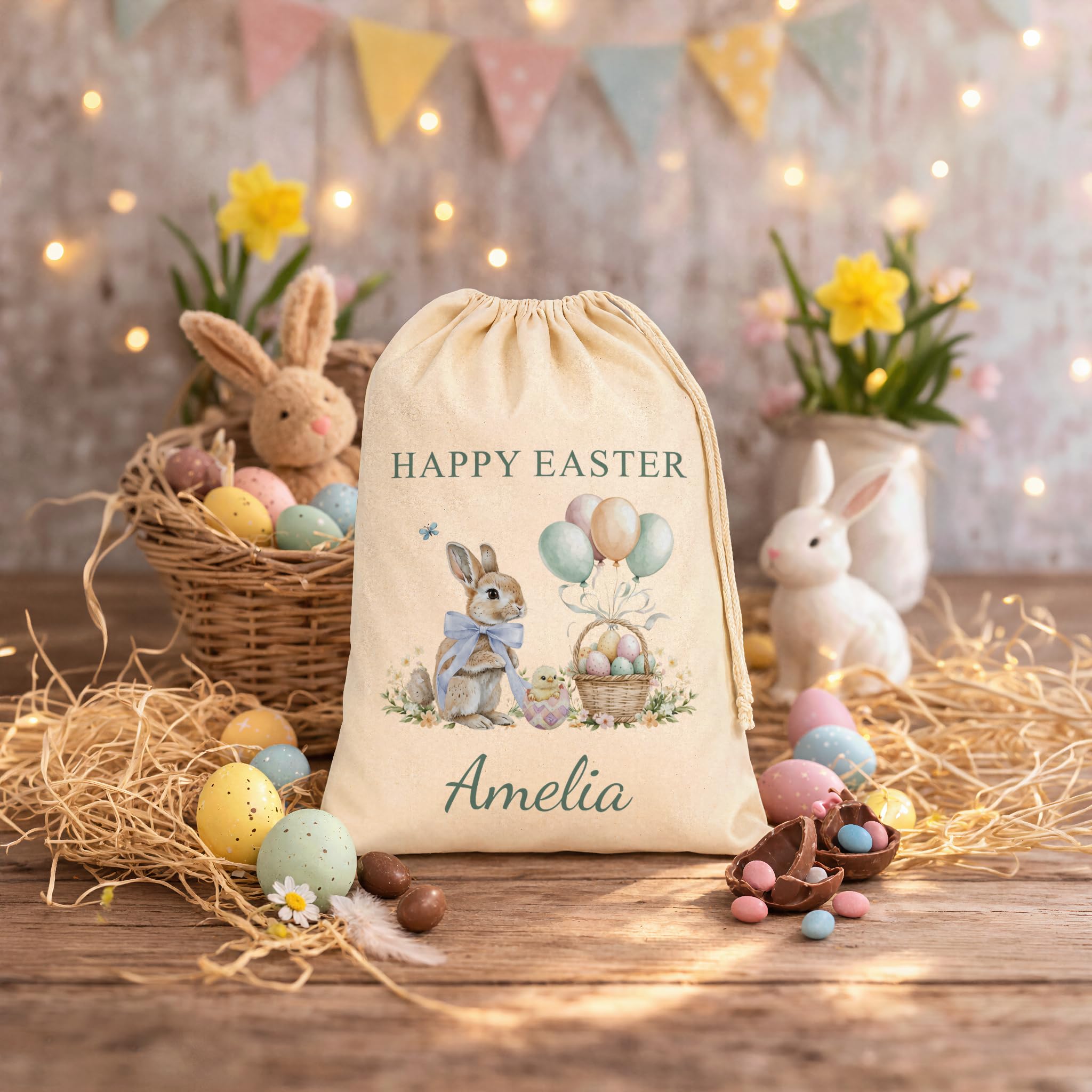 Personalised Happy Easter Bunny & Balloons Sack with Name - Green Text
