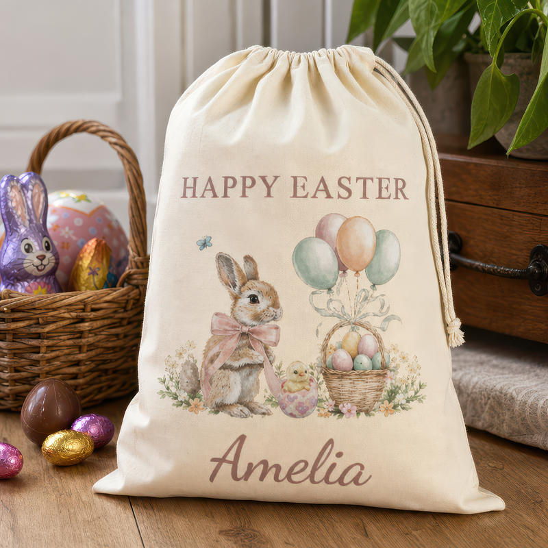 Personalised Happy Easter Bunny & Balloons Sack with Name - Pink Text - alternative view