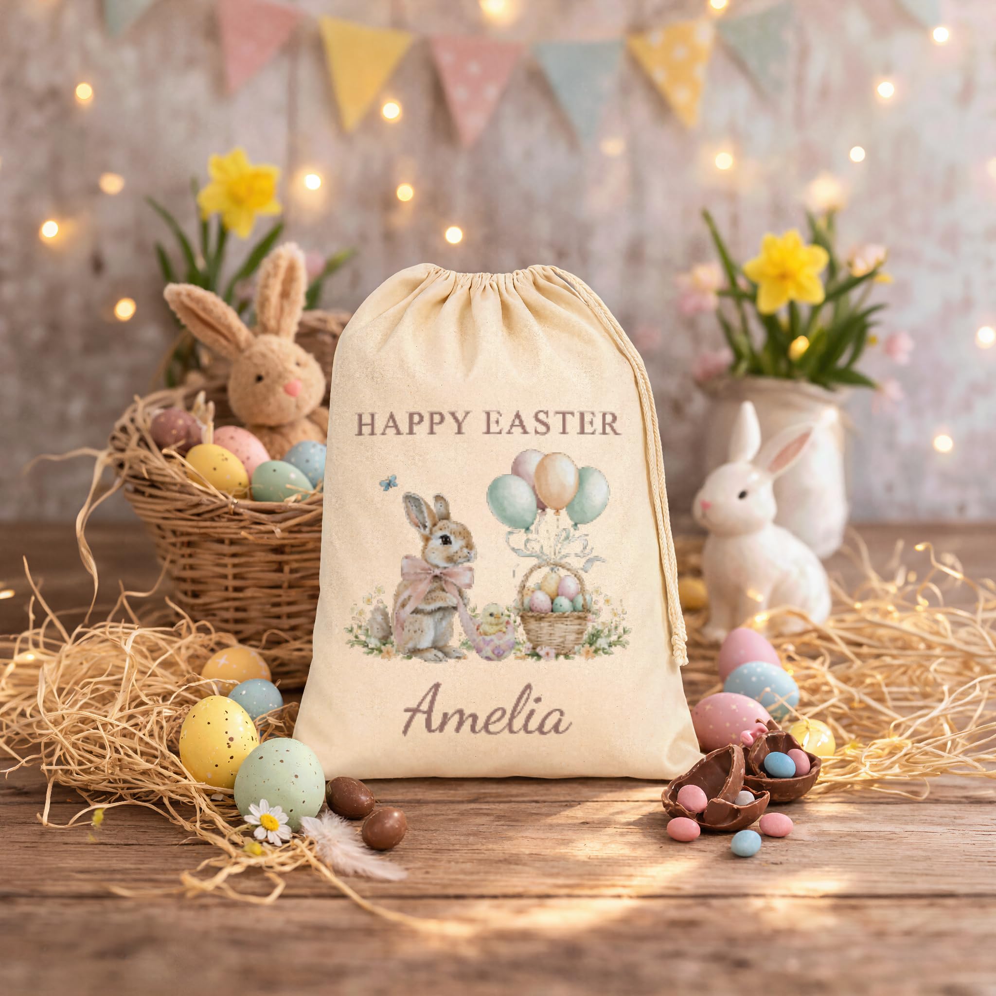 Personalised Happy Easter Bunny & Balloons Sack with Name - Pink Text