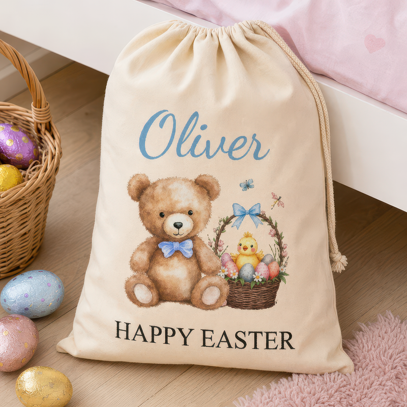 Personalised Happy Easter Teddy Bear & Basket Sack with Name - Blue Text - alternative view