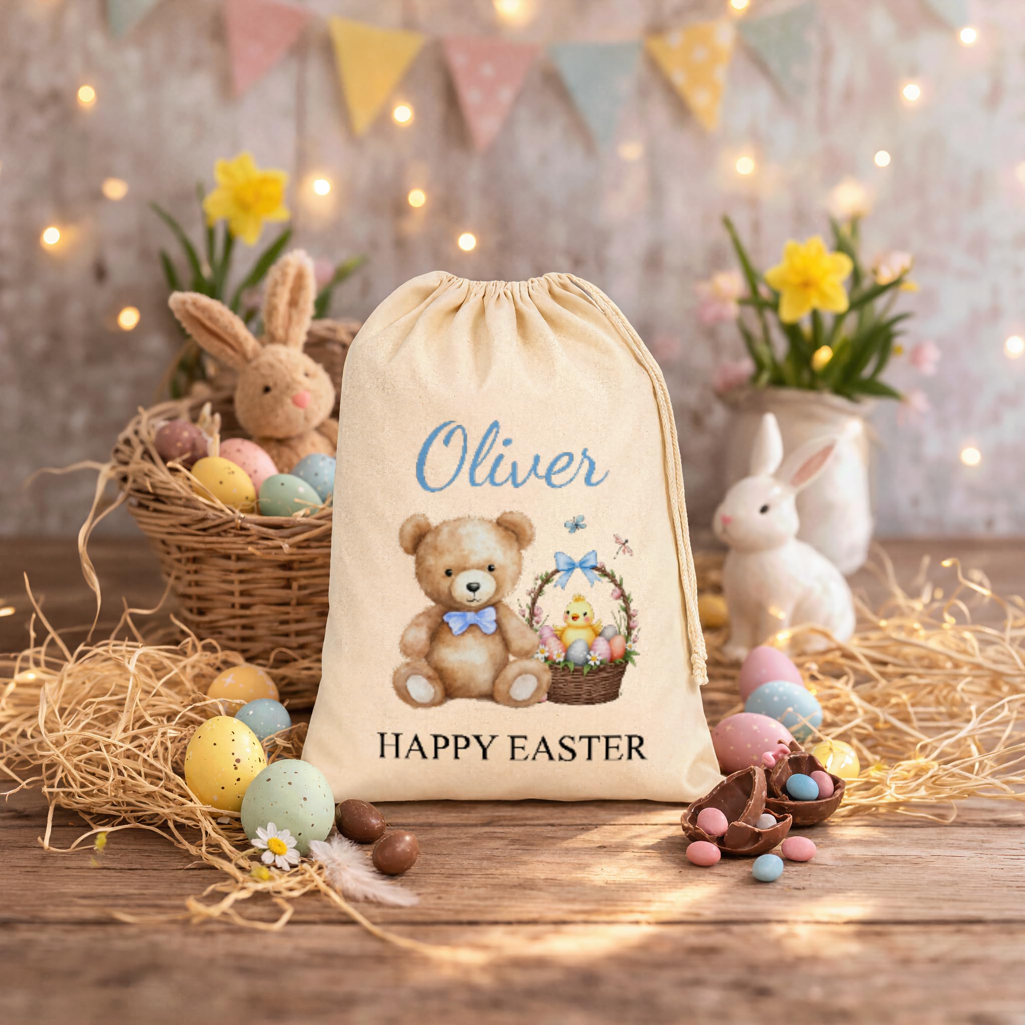 Personalised Happy Easter Teddy Bear & Basket Sack with Name - Blue Text