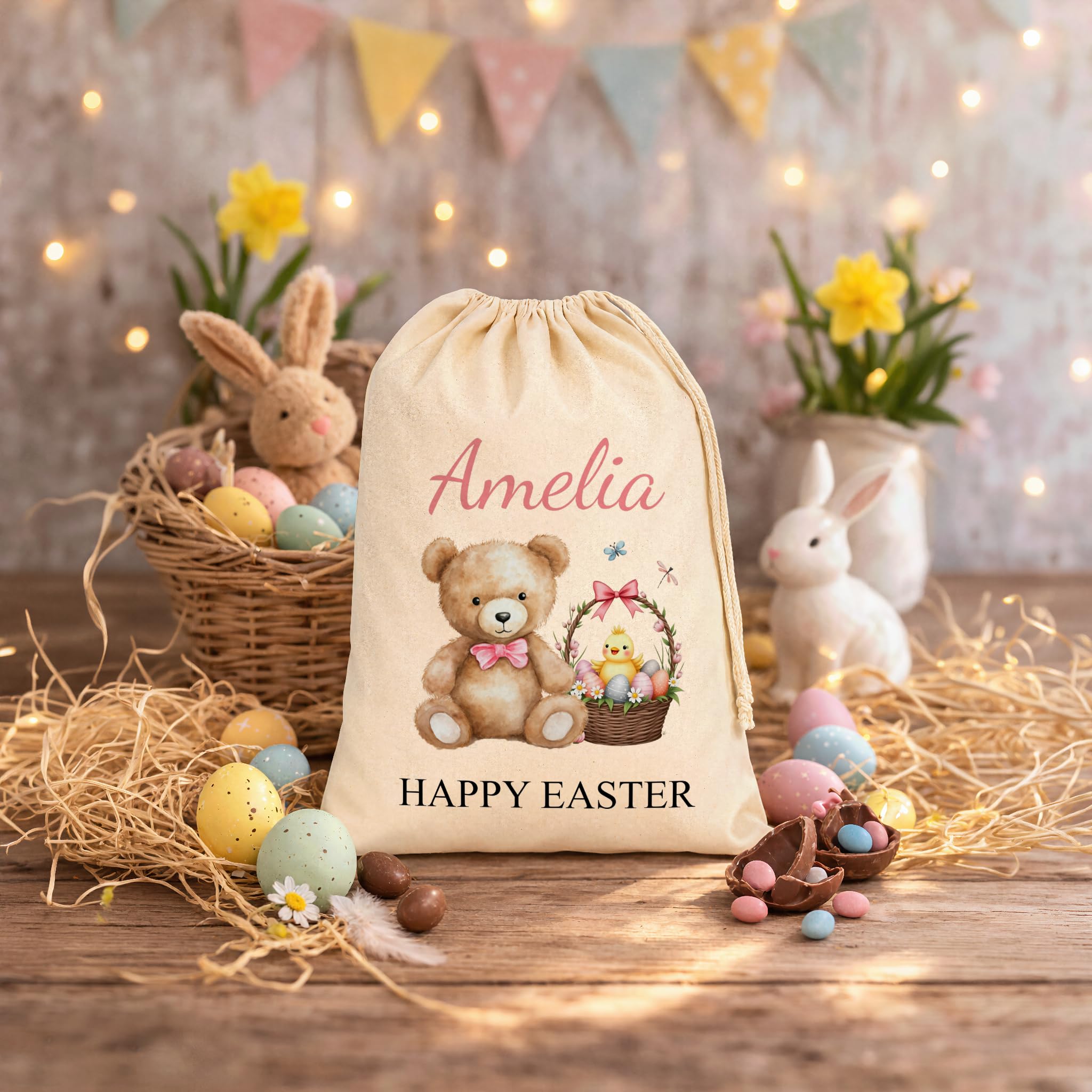 Personalised Happy Easter Teddy Bear & Basket Sack with Name - Pink Text