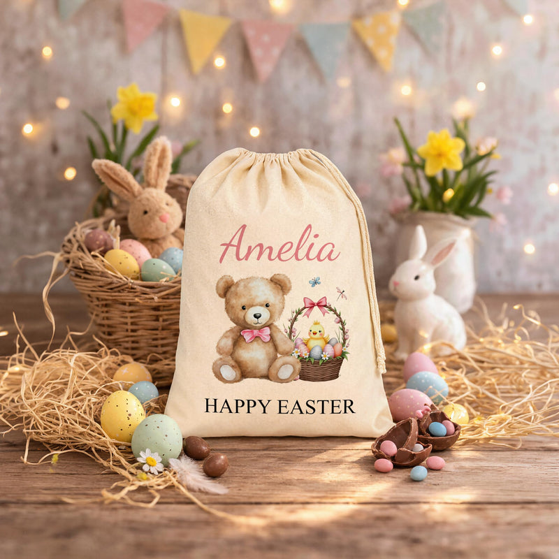 Personalised Happy Easter Teddy Bear & Basket Sack with Name - Pink Text